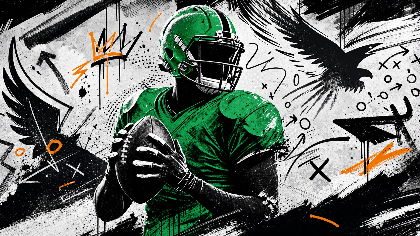 Generic fantasy football player in green gear in front of a black and white graffiti wall
